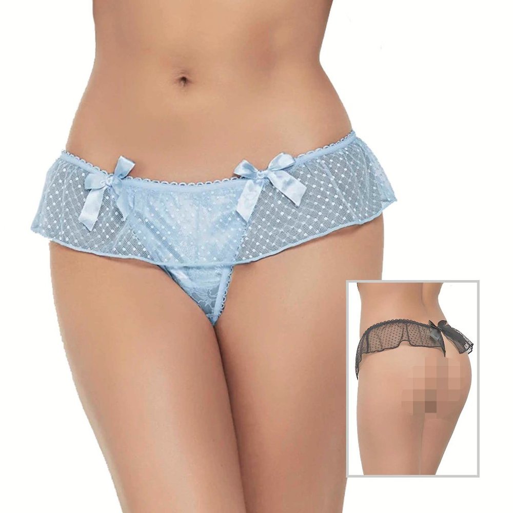 Plus Size Skirted Thong Satin and Dot Mesh Panty Black or Blue Women 1X 2X 3X 4X